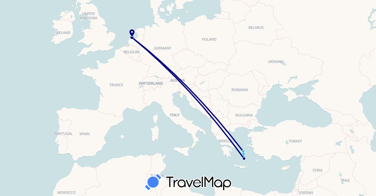TravelMap itinerary: driving, boat in Greece, Netherlands (Europe)